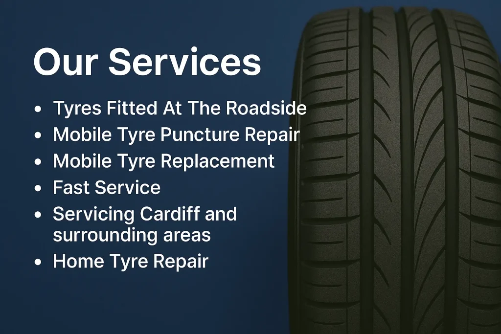 Image showing list of mobile tyre services including puncture repair and roadside tyre fitting in Cardiff.