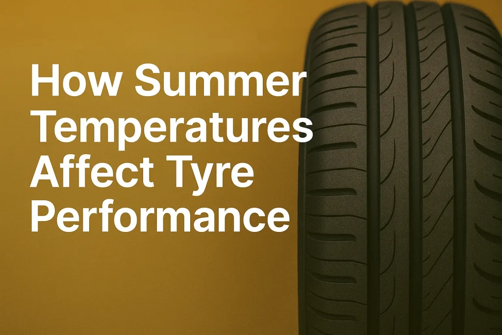 Infographic explaining how high summer temperatures impact tyre pressure and performance for UK roads.